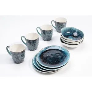 Kare Design Lot 4 Mugs, 4 Assiettes Creuses, 4 Assiettes Plates En Grès Bleu vente chaude 9