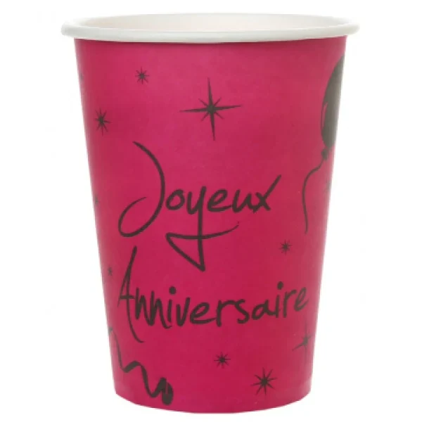 achat pas cher Lot De 10 Gobelets Fuschia Joyeux Anniversaire Festif En Carton 7,5 X 9,7 Cm 1