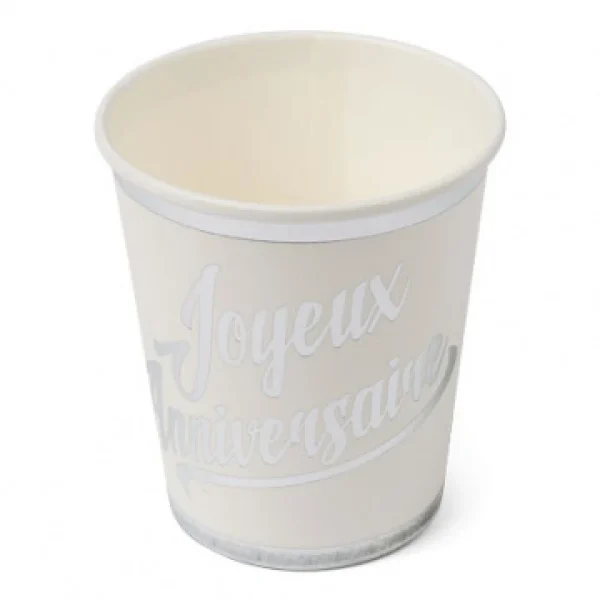 Lot De 20 Gobelets Joyeux Anniversaire Blanc Et Argent En Carton 200ml en ligne 1