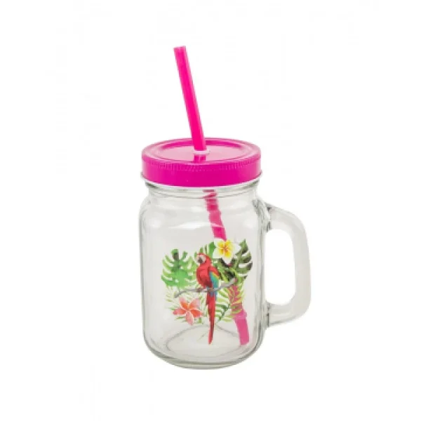 magasin solde Mason Jar Perroquet Avec Couvercle Et Paille Fuschia 1