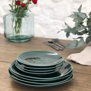 magasins pas chers Maison Tilleul Set De 4 Assiettes Plates Céramique Vert 11